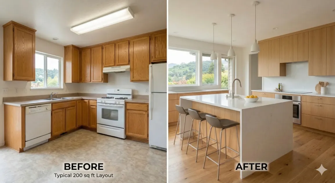 Before and after comparison of a standard 200 square foot kitchen layout, from dated oak to modern minimalist design.